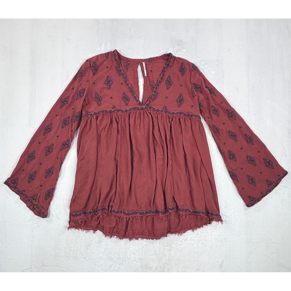 Free People Rust Red Embroidered Babydoll Bell Sleeve Blouse XS Boho V-Neck Top